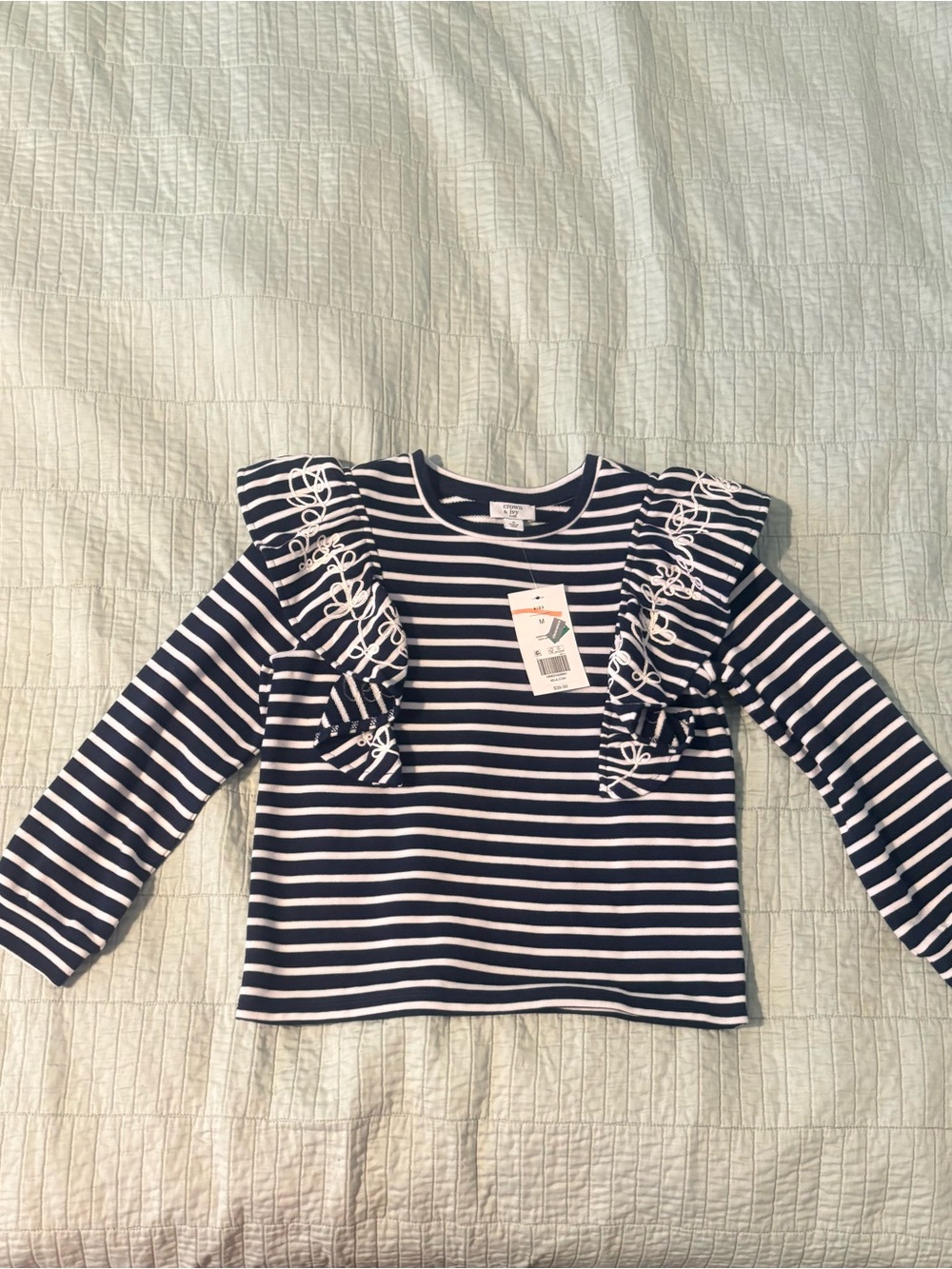 crown & ivy Navy and White Striped Ruffle-Shoulder Long Sleeve Top